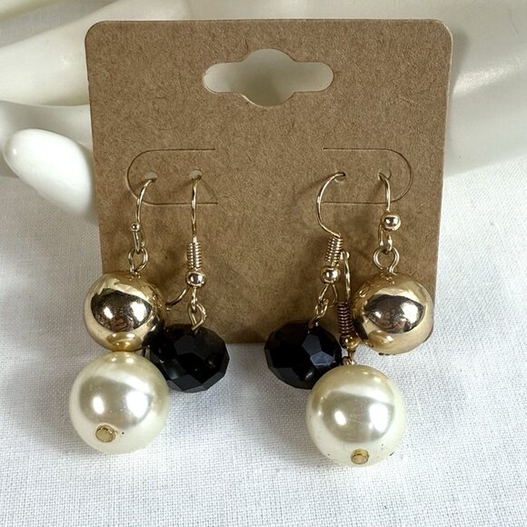 Gold Tone Dangle Earrings Lot Faux Pearl Black Bead - Picture 6 of 7